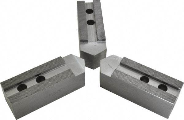 H & R Manufacturing - 1.5mm x 60° Serrated Attachment, Square Soft Lathe Chuck Jaw - 3 Jaws, Steel, 1.69" Btw Mount Hole Ctrs, 7-1/2" Long x 2-1/2" Wide x 2-1/2" High, 0.866" Groove, 20mm Fastener - A1 Tooling