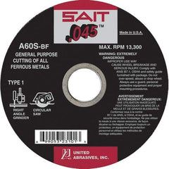 Sait - 4-1/2" 60 Grit Aluminum Oxide Cutoff Wheel - 0.045" Thick, 7/8" Arbor, 13,300 Max RPM, Use with Angle Grinders - A1 Tooling