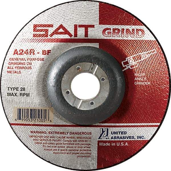 Sait - 24 Grit, 4-1/2" Wheel Diam, 1/4" Wheel Thickness, 7/8" Arbor Hole, Type 28 Depressed Center Wheel - Aluminum Oxide, Resinoid Bond, R Hardness, 13,300 Max RPM, Compatible with Angle Grinder - A1 Tooling