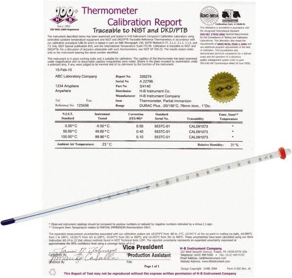 H-B Instruments - -20 to 110°C, Organic Filled Precision Thermometer - 12 Inch Immersion Length - A1 Tooling