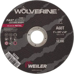 Weiler - 5" 60 Grit Aluminum Oxide Cutoff Wheel - 0.035" Thick, 5/8" Arbor, 12,200 Max RPM, Use with Portable Tools - A1 Tooling