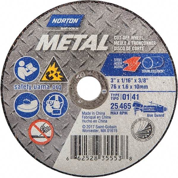 Norton - 3" 36 Grit Aluminum Oxide Cutoff Wheel - 1/16" Thick, 3/8" Arbor, 25,465 Max RPM, Use with Straight Shaft Grinder - A1 Tooling