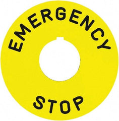 Square D - Round, Plastic Legend Plate - Emergency Stop - Yellow Background, Black Letters, 30mm Hole Diameter, 90mm Overall Diameter - A1 Tooling