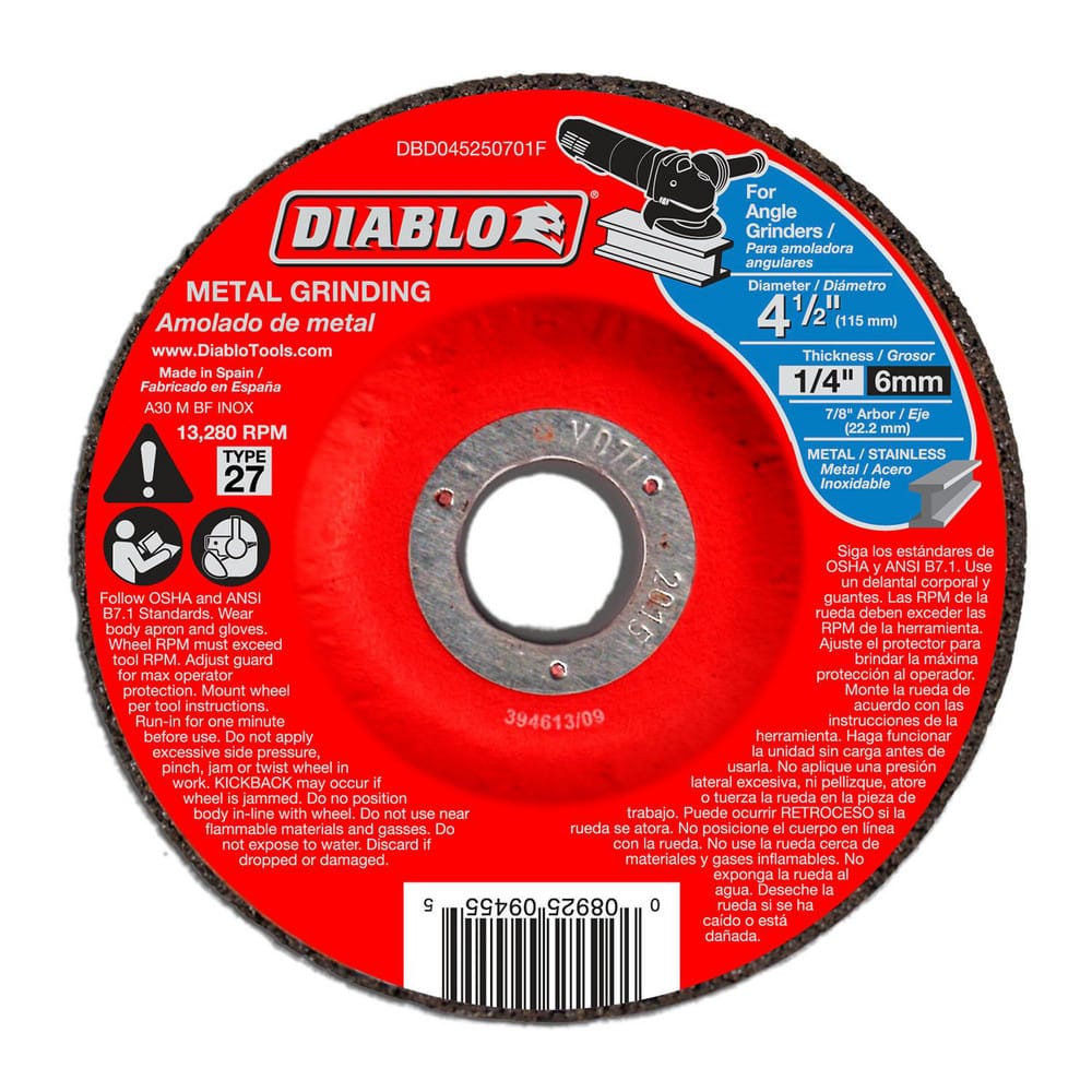 Cutoff Wheels; Wheel Type Number: Type 27; Wheel Diameter (Inch): 4-1/2; Wheel Thickness (Inch): 1/4; Hole Size: 7/8; Abrasive Material: Premium Aluminum Oxide Blend; Maximum Rpm: 13280.000; Hole Shape: Round; Wheel Color: Red