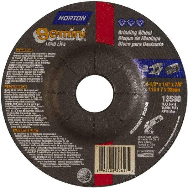 Norton - 4-1/2" Wheel Diam, 1/4" Wheel Thickness, 7/8" Arbor Hole, Type 27 Depressed Center Wheel - Aluminum Oxide - A1 Tooling