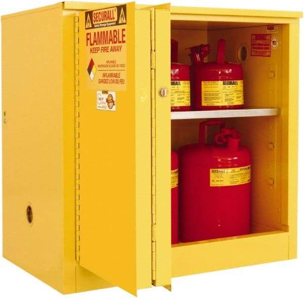 Securall Cabinets - 2 Door, 1 Shelf, Yellow Steel Standard Safety Cabinet for Flammable and Combustible Liquids - 35" High x 36" Wide x 24" Deep, Sliding Door, 3 Point Key Lock, 30 Gal Capacity - A1 Tooling