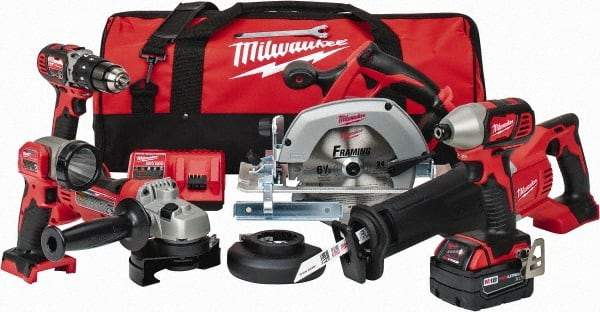 Milwaukee Tool - 18 Volt Cordless Tool Combination Kit - Includes 1/2" Hammer Drill Driver, 1/4" Impact Driver, 1-Hour Charger, Circular Saw, Contractor Bag, Cut-Off Grinder, Reciprocating Saw, Sawzall Blade & Work Light, Lithium-Ion Battery Included - A1 Tooling