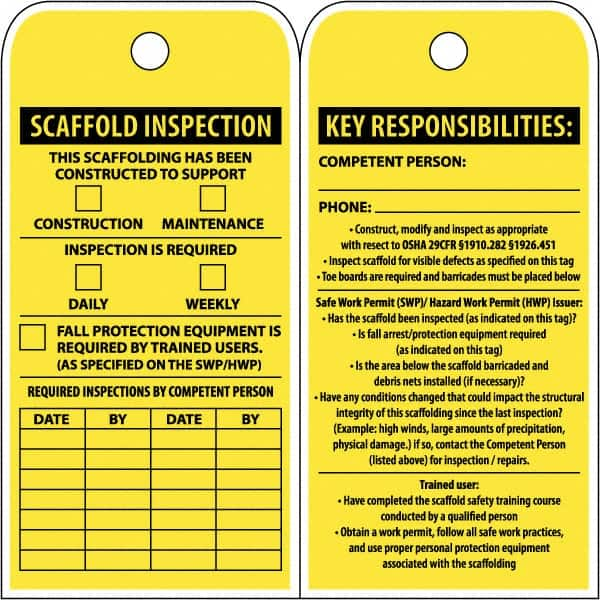 NMC - 3" High x 6" Long, SCAFFOLD INSPECTION, English Safety & Facility Inspection Tag - Tag Header: Notice, 2 Sides, Yellow Poly - A1 Tooling