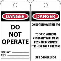 NMC - 3" High x 6" Long, DANGER \x96 DO NOT OPERATE, English Safety & Facility Accident Prevention Tag - Tag Header: Danger, 2 Sides, White Poly - A1 Tooling