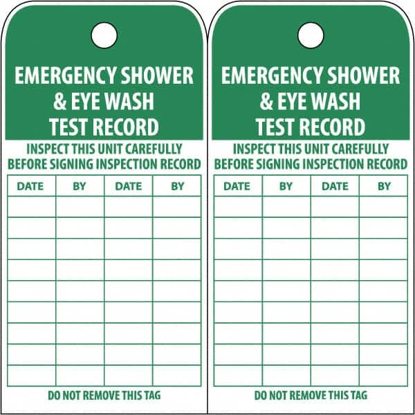 NMC - 3" High x 6" Long, EMERGENCY SHOWER & EYE WASH TEST RECORD, English Safety & Facility Accident Prevention Tag - Tag Header: Danger, 2 Sides, White Poly - A1 Tooling