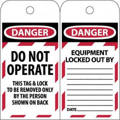 NMC - 3" High x 6" Long, DANGER - DO NOT OPERATE - EQUIPMENT LOCK-OUT - THIS TAG & LOCK TO BE REMOVED ONLY BY THE PERSON SHOWN ON BACK, English Safety & Facility Lockout Tag - Tag Header: Danger, 2 Sides, Black & Red Poly - A1 Tooling