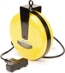 Reelcraft - 16 AWG, 30' Cable Length, Cord & Cable Reel with Outlet End - 3 Outlets, NEMA 5-15R, 10 Amps, 125 Volts, SJTW Cable, Yellow Reel, Spring Driven Reel - A1 Tooling