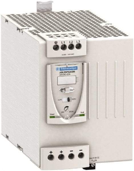 Schneider Electric - 480 Watt, 20 Amp, 380 to 500 VAC Input, 24 VDC Output, DIN Rail Power Supply - Screw Connection, 165mm Wide x 155mm Deep x 143mm High, 92-100% Efficiency, Green LED Output, Red LED Output - A1 Tooling