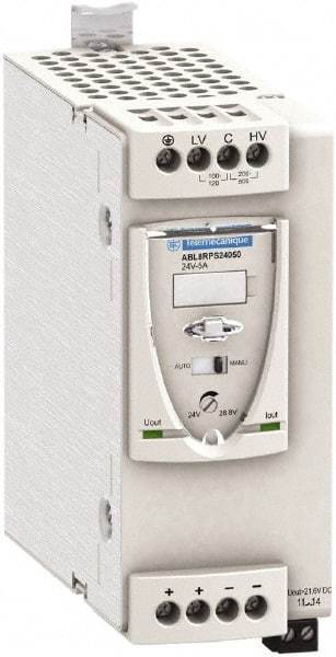 Schneider Electric - 120 Watt, 5 Amp, 100 to 120 VAC, 200 to 500 VAC Input, 24 VDC Output, DIN Rail Power Supply - Screw Connection, 165mm Wide x 155mm Deep x 143mm High, 87-100% Efficiency, Green LED Output, Red LED Output - A1 Tooling