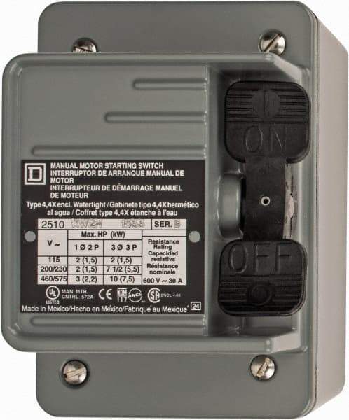 Square D - 3 Poles, 30 Amp, NEMA, Enclosed Toggle Manual Motor Starter - 1 hp at 90 VDC, 10 hp at 460 VAC, 10 hp at 575 VAC, 1-1/2 hp at 230 VDC, 2 hp at 115 VAC, 2 hp at 115 VDC & 7-1/2 hp at 230 VAC, CE, CSA, NEMA 4 & UL Listed - A1 Tooling