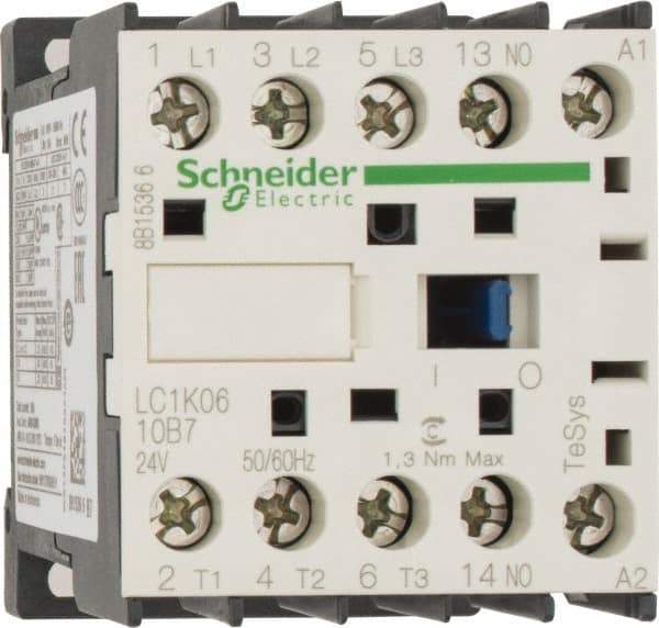 Schneider Electric - 3 Pole, 24 Coil VAC at 50/60 Hz, 6 Amp at 440 VAC, Nonreversible IEC Contactor - BS 5424, CSA, IEC 60947, NF C 63-110, RoHS Compliant, UL Listed, VDE 0660 - A1 Tooling