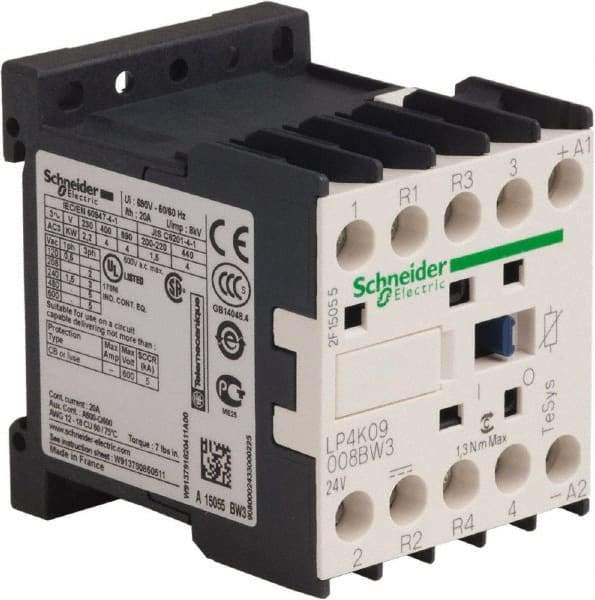 Schneider Electric - 4 Pole, 24 Coil VDC, 16 Amp at 690 VAC and 20 Amp at 440 VAC, Nonreversible IEC Contactor - BS 5424, CSA, IEC 60947, NF C 63-110, RoHS Compliant, UL Listed, VDE 0660 - A1 Tooling