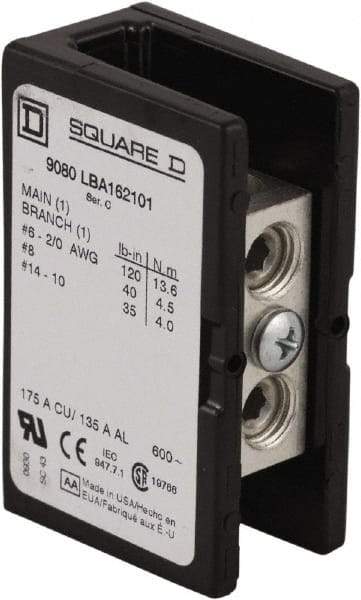 Square D - 3 Poles, 135 (Aluminium), 175 (Copper) Amp, Phenolic Power Distribution Block - 600 VAC, 1 Primary Connection - A1 Tooling