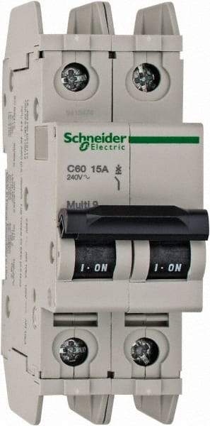 Schneider Electric - 15 Amp, 125 VDC, 240 VAC, 60 VDC, 1 Pole, DIN Rail Mount, Fixed Mount Miniature Circuit Breaker - Thermal Magnetic Trip, Multiple Breaking Capacity Ratings, 73mm Deep x 107mm High x 36mm Wide - A1 Tooling