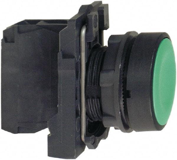 Schneider Electric - 22mm Mount Hole, Flush, Pushbutton Switch with Contact Block - Round, Green Pushbutton, Momentary (MO) - A1 Tooling