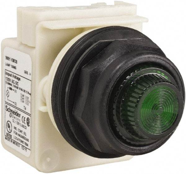 Schneider Electric - 120 V Green Lens Indicating Light - Round Lens, Screw Clamp Connector, Corrosion Resistant, Dust Resistant, Oil Resistant - A1 Tooling