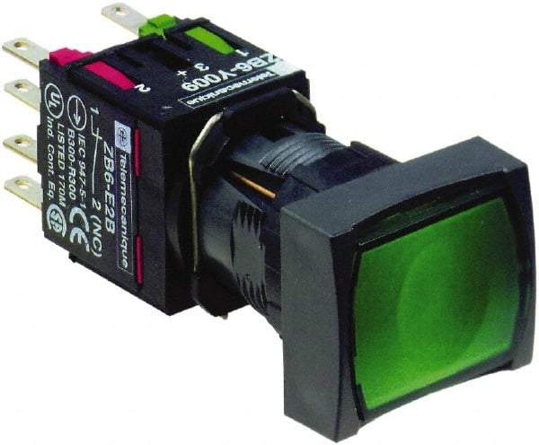 Schneider Electric - 16mm Mount Hole, Flush, Pushbutton Switch with Contact Block - Rectangle, Green Pushbutton, Illuminated, Momentary (MO) - A1 Tooling