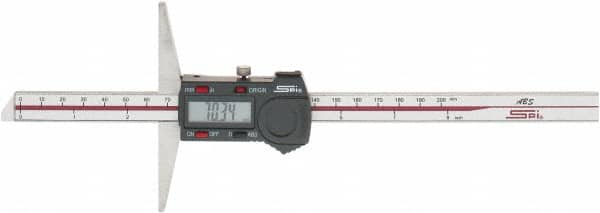 SPI - 0mm to 200mm ABS Plastic (Case) Electronic Depth Gage - 0.03mm Accuracy, 0.01mm Resolution, 4" Base Length - A1 Tooling