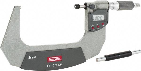 SPI - 4 to 5" Range, 0.00005" Resolution, Double Ratchet IP65 Electronic Outside Micrometer - 0.0002" Accuracy, Ratchet-Friction Thimble, Carbide Face, CR2032 Battery, Includes NIST Traceable Certification of Inspection - A1 Tooling