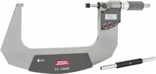 SPI - 5 to 6" Range, 0.00005" Resolution, Double Ratchet IP65 Electronic Outside Micrometer - 0.0002" Accuracy, Ratchet-Friction Thimble, Carbide Face, CR2032 Battery, Includes NIST Traceable Certification of Inspection - A1 Tooling