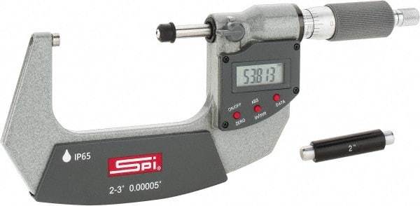 SPI - 2 to 3" Range, 0.00005" Resolution, Double Ratchet IP65 Electronic Outside Micrometer - 0.0002" Accuracy, Ratchet-Friction Thimble, Carbide Face, CR2032 Battery, Includes NIST Traceable Certification of Inspection - A1 Tooling