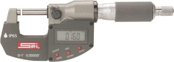 SPI - 0 to 1" Range, 0.00005" Resolution, Double Ratchet IP65 Electronic Outside Micrometer - 0.0001" Accuracy, Ratchet-Friction Thimble, Carbide Face, CR2032 Battery, Includes NIST Traceable Certification of Inspection - A1 Tooling