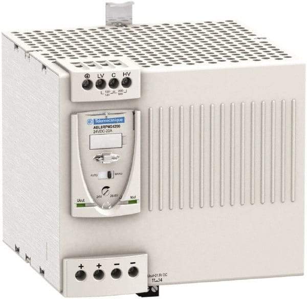 Schneider Electric - 480 Watt, 20 Amp, 100 to 120 VAC, 200 to 240 VAC Input, 24 VDC Output, DIN Rail Power Supply - Screw Connection, 165mm Wide x 155mm Deep x 143mm High, 88-100% Efficiency, Green LED Output, Red LED Output - A1 Tooling