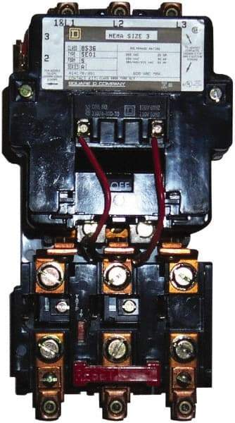 Square D - 110 Coil VAC at 50 Hz, 120 Coil VAC at 60 Hz, 90 Amp, NEMA Size 3, Nonreversible Open Enclosure NEMA Motor Starter - 3 Phase hp: 25 at 200 VAC, 30 at 230 VAC, 50 at 460 VAC, 50 at 575 VAC - A1 Tooling