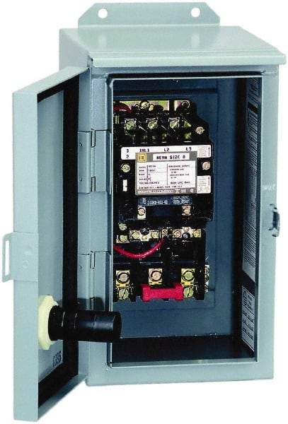 Square D - 110 Coil VAC at 50 Hz, 120 Coil VAC at 60 Hz, 27 Amp, NEMA Size 1, Nonreversible Enclosed Enclosure NEMA Motor Starter - 3 Phase hp: 10 at 460 VAC, 10 at 575 VAC, 7-1/2 at 200 VAC, 7-1/2 at 230 VAC, 12 Enclosure Rating - A1 Tooling