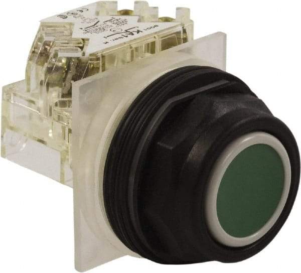 Schneider Electric - 30mm Mount Hole, Flush, Pushbutton Switch with Contact Block - Octagon, Green Pushbutton, Momentary (MO) - A1 Tooling