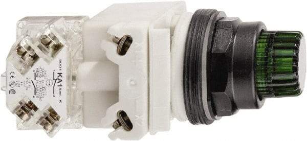 Schneider Electric - 30mm Mount Hole, Extended Straight, Pushbutton Switch with Contact Block - Green Pushbutton, Momentary (MO) - A1 Tooling