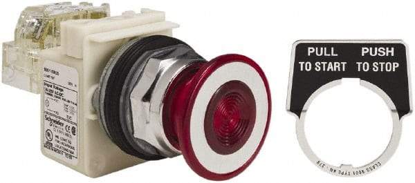 Schneider Electric - 30mm Mount Hole, Extended Straight, Pushbutton Switch with Contact Block - Red Pushbutton, Maintained (MA) - A1 Tooling