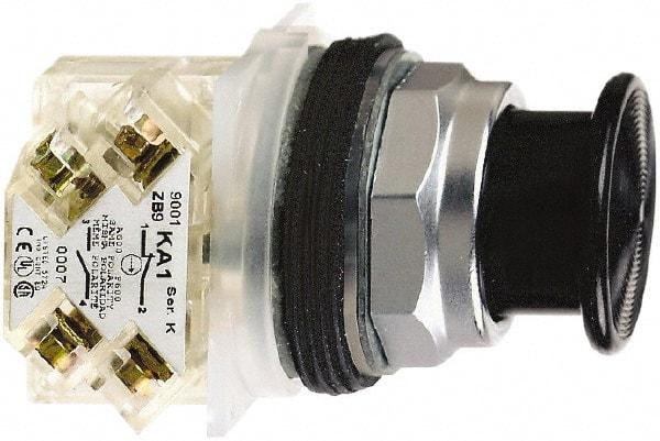 Schneider Electric - 30mm Mount Hole, Extended Mushroom Head, Pushbutton Switch with Contact Block - Round, Black Pushbutton, Momentary (MO) - A1 Tooling