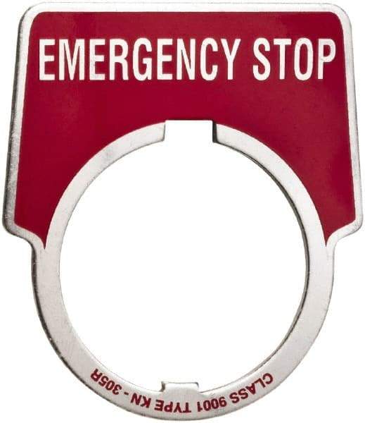 Schneider Electric - Aluminum Legend Plate - Emergency Stop - Black Background, 30mm Hole Diameter, 1-3/4 Inch Wide - A1 Tooling