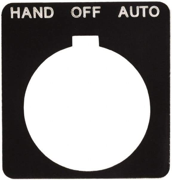 Schneider Electric - Square, Plastic Legend Plate - Hand-Off-Auto - Black Background, White Letters, 1.2 Inch Hole Diameter, 1-3/4 Inch Square - A1 Tooling