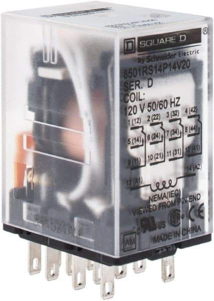 Square D - 1/6 hp at 120/240 Volt, Electromechanical Plug-in General Purpose Relay - 5 Amp at 240 VAC, 4PDT, 120 VAC at 50/60 Hz - A1 Tooling