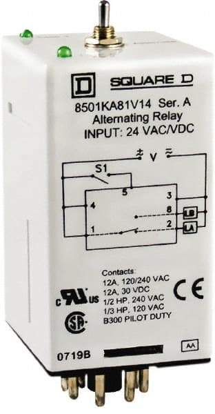 Square D - 11 Pins, 1/2 hp at 240 Volt & 1/3 hp at 120 Volt, Electromechanical Plug-in General Purpose Relay - 12 Amp at 240 VAC, DPDT, 240 VAC, 36mm Wide x 65mm High x 44mm Deep - A1 Tooling