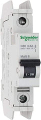 Schneider Electric - 0.50 Amp, 125 VDC, 240 VAC, 60 VDC, 1 Pole, DIN Rail Mount, Fixed Mount Miniature Circuit Breaker - Thermal Magnetic Trip, Multiple Breaking Capacity Ratings, 73mm Deep x 107mm High x 18mm Wide - A1 Tooling