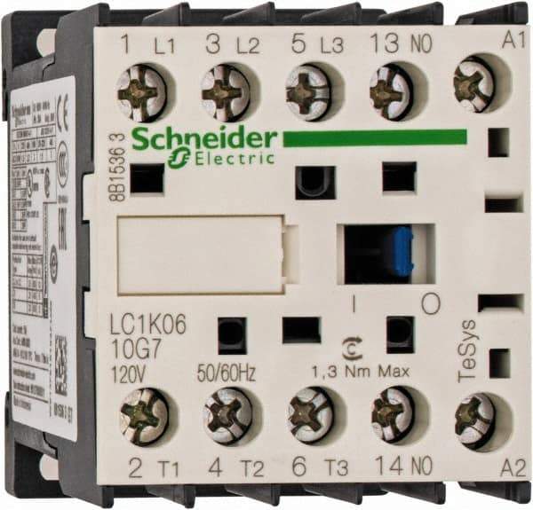 Schneider Electric - 3 Pole, 120 Coil VAC at 50/60 Hz, 6 Amp at 440 VAC, Nonreversible IEC Contactor - BS 5424, CSA, IEC 60947, NF C 63-110, RoHS Compliant, UL Listed, VDE 0660 - A1 Tooling