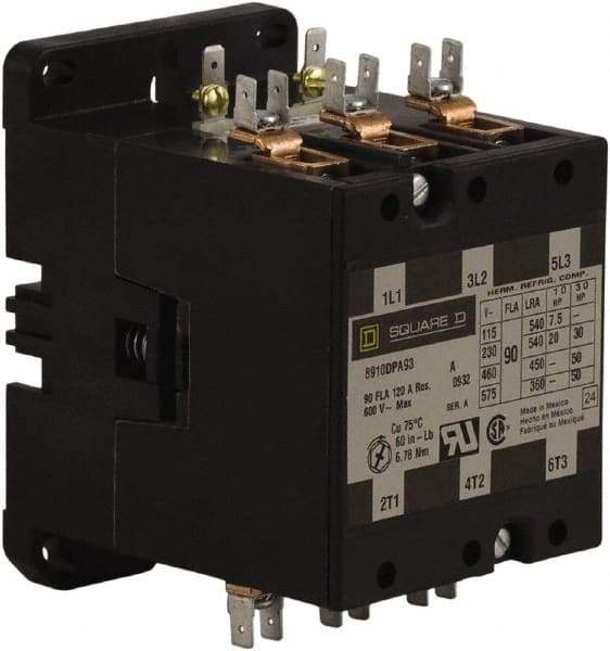 Square D - 3 Pole, 90 Amp Inductive Load, 277 Coil VAC at 60 Hz, Definite Purpose Contactor - Phase 1 and Phase 3 Hp:  20 at 230 VAC, 30 at 230 VAC, 50 at 460 VAC, 50 at 575 VAC, 7.5 at 115 VAC, 120 Amp Resistive Rating, CE, CSA, UL Listed - A1 Tooling