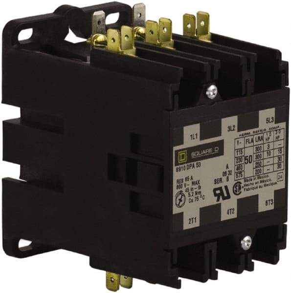 Square D - 3 Pole, 50 Amp Inductive Load, 24 Coil VAC at 50/60 Hz, Definite Purpose Contactor - Phase 1 and Phase 3 Hp:  10 at 230 VAC, 15 at 230 VAC, 3 at 115 VAC, 30 at 460 VAC, 30 at 575 VAC, 65 Amp Resistive Rating, CE, CSA, UL Listed - A1 Tooling