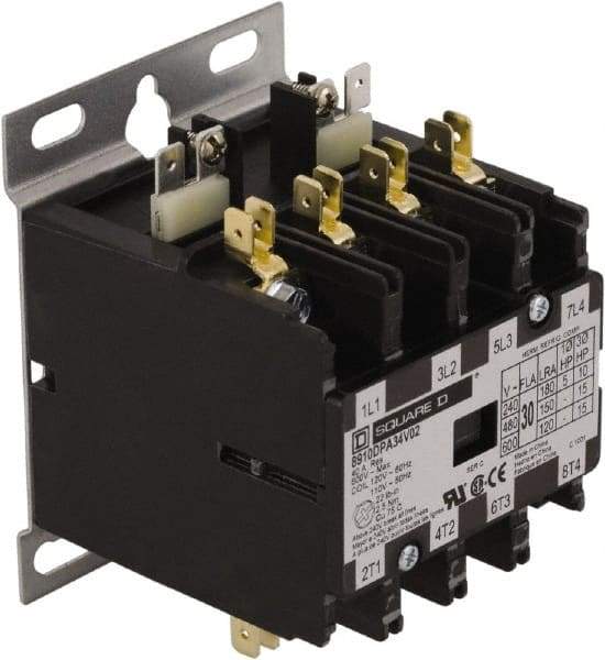 Square D - 4 Pole, 30 Amp Inductive Load, 277 Coil VAC at 60 Hz, Definite Purpose Contactor - Phase 1 and Phase 3 Hp:  10 at 230 VAC, 15 at 460 VAC, 2 at 115 VAC, 20 at 575 VAC, 5 at 230 VAC, 40 Amp Resistive Rating, CE, CSA, UL Listed - A1 Tooling