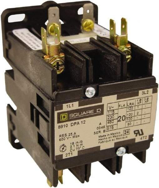 Square D - 3 Pole, 25 Amp Inductive Load, Definite Purpose Contactor - 35 Amp Resistive Rating - A1 Tooling