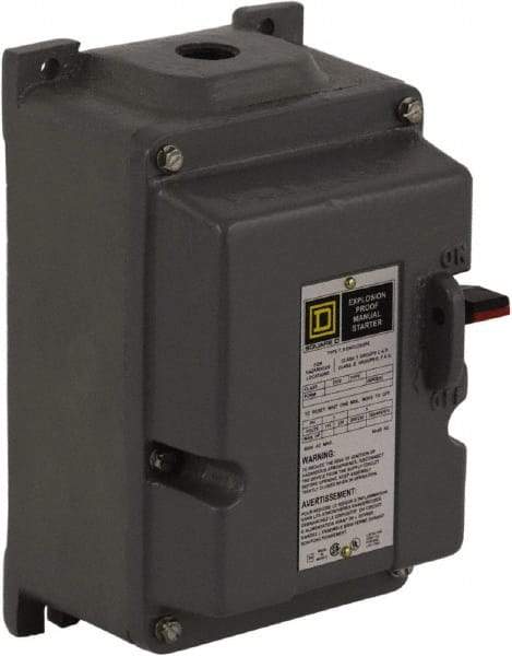 Square D - 3 Poles, 27 Amp, M-1 NEMA, Enclosed Pushbutton Manual Motor Starter - 10 hp at 380 to 575 VAC & 7-1/2 hp at 200 to 230 VAC, CSA, NEMA 7/9 & UL Listed - A1 Tooling