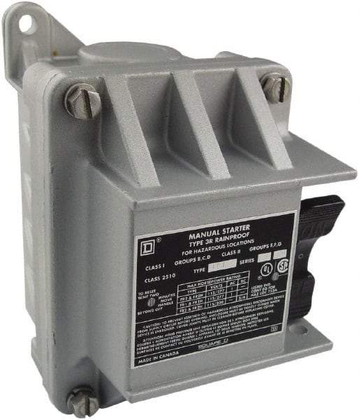 Square D - 3 Poles, 30 Amp, NEMA, Enclosed Toggle Manual Motor Starter - 1 hp at 90 VDC, 10 hp at 460 VAC, 10 hp at 575 VAC, 1-1/2 hp at 230 VDC, 2 hp at 115 VAC, 2 hp at 115 VDC & 7-1/2 hp at 230 VAC, CE, CSA, NEMA 3R/7/9 & UL Listed - A1 Tooling